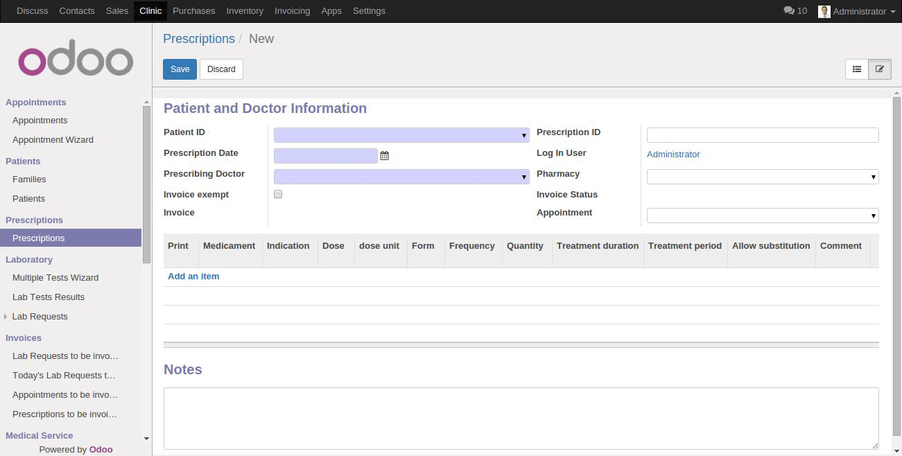 screenshot of odoo clinic management software